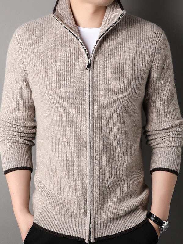 Men's Thickened Full-Zip Ribbed Cashmere Turtleneck Cardigan