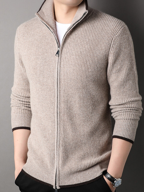 Men's Thickened Full-Zip Ribbed Cashmere Turtleneck Cardigan