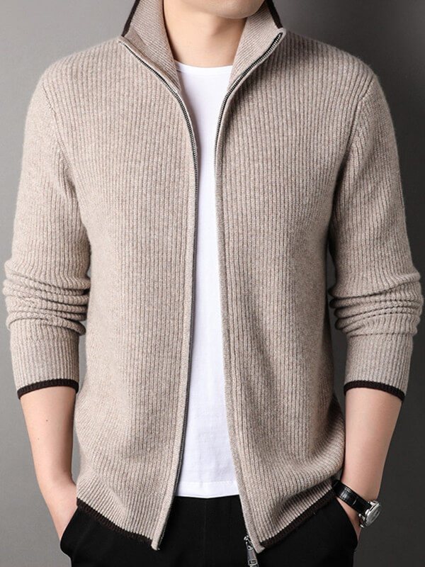 Men's Thickened Full-Zip Ribbed Cashmere Turtleneck Cardigan