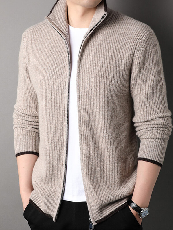 Men's Thickened Full-Zip Ribbed Cashmere Turtleneck Cardigan