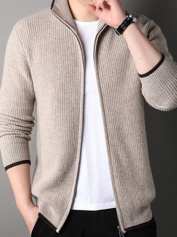 Men's Thickened Full-Zip Ribbed Cashmere Turtleneck Cardigan