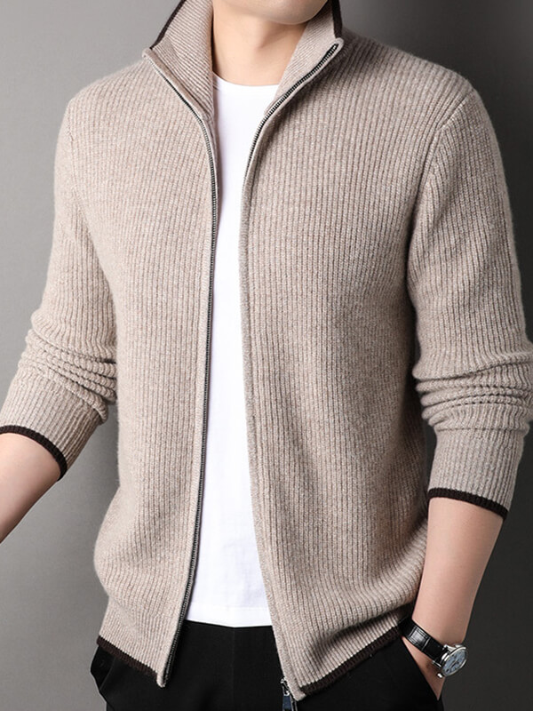 Men's Thickened Full-Zip Ribbed Cashmere Turtleneck Cardigan