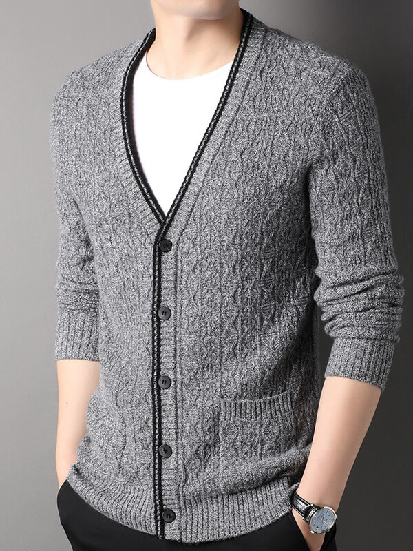 Men's Button-Up Cable Knit Cashmere Cardigan with Front Pockets