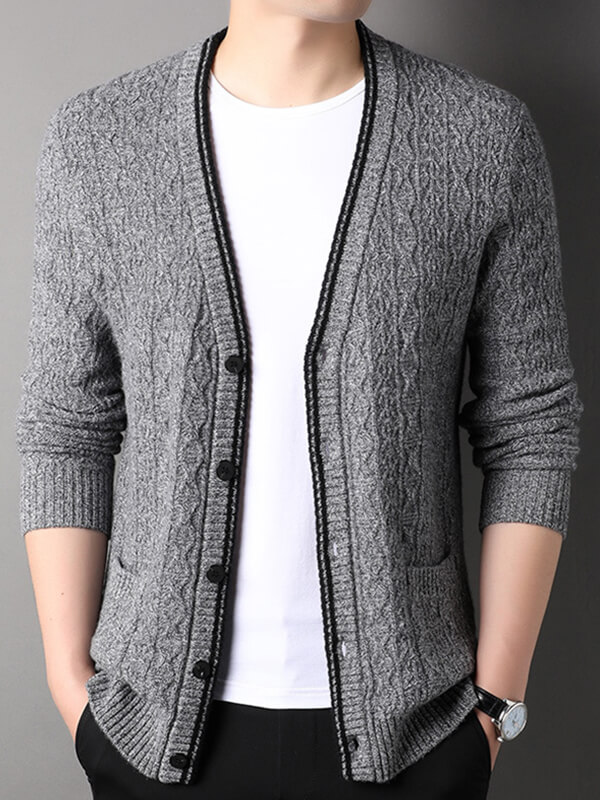 Men's Button-Up Cable Knit Cashmere Cardigan with Front Pockets