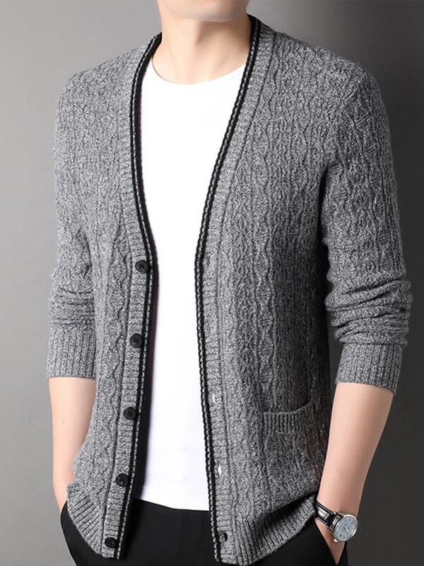 Men's Button-Up Cable Knit Cashmere Cardigan with Front Pockets