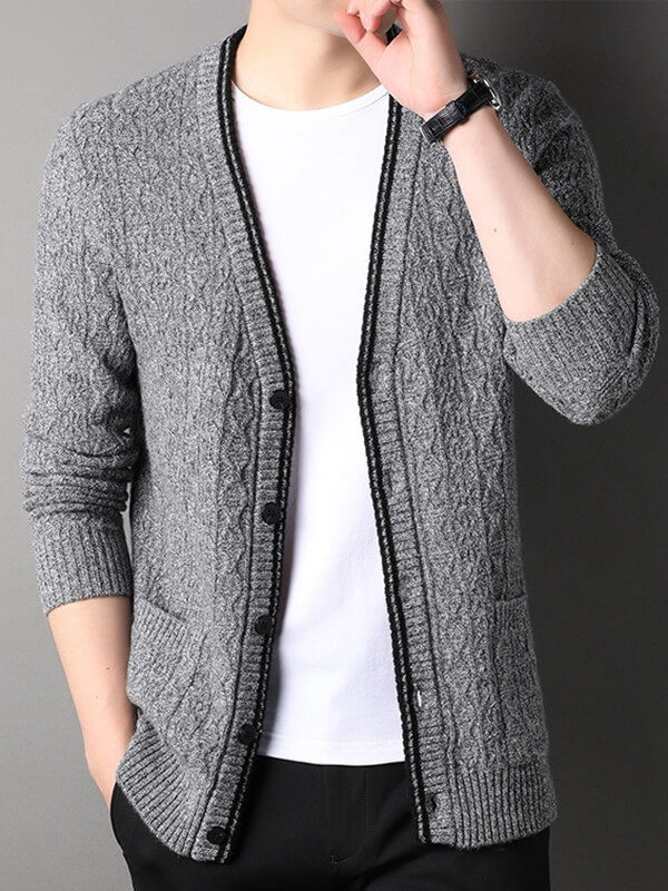 Men's Button-Up Cable Knit Cashmere Cardigan with Front Pockets