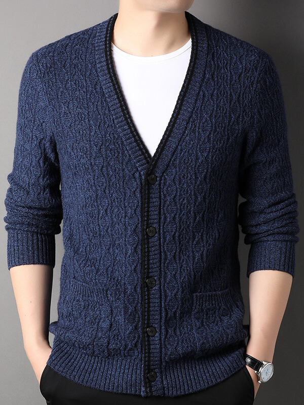 Men's Button-Up Cable Knit Cashmere Cardigan with Front Pockets