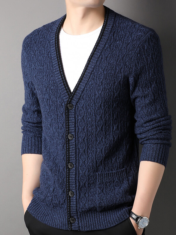 Men's Button-Up Cable Knit Cashmere Cardigan with Front Pockets