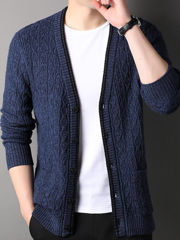 Men's Button-Up Cable Knit Cashmere Cardigan with Front Pockets