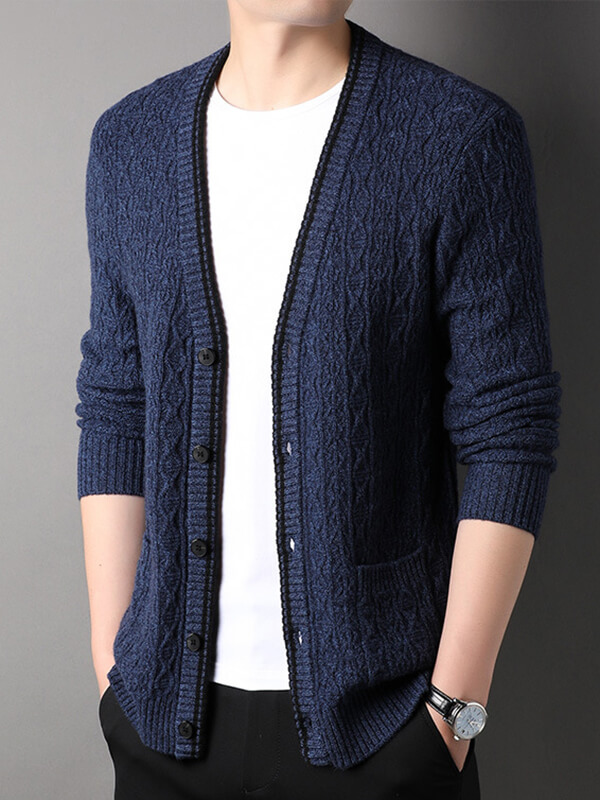 Men's Button-Up Cable Knit Cashmere Cardigan with Front Pockets