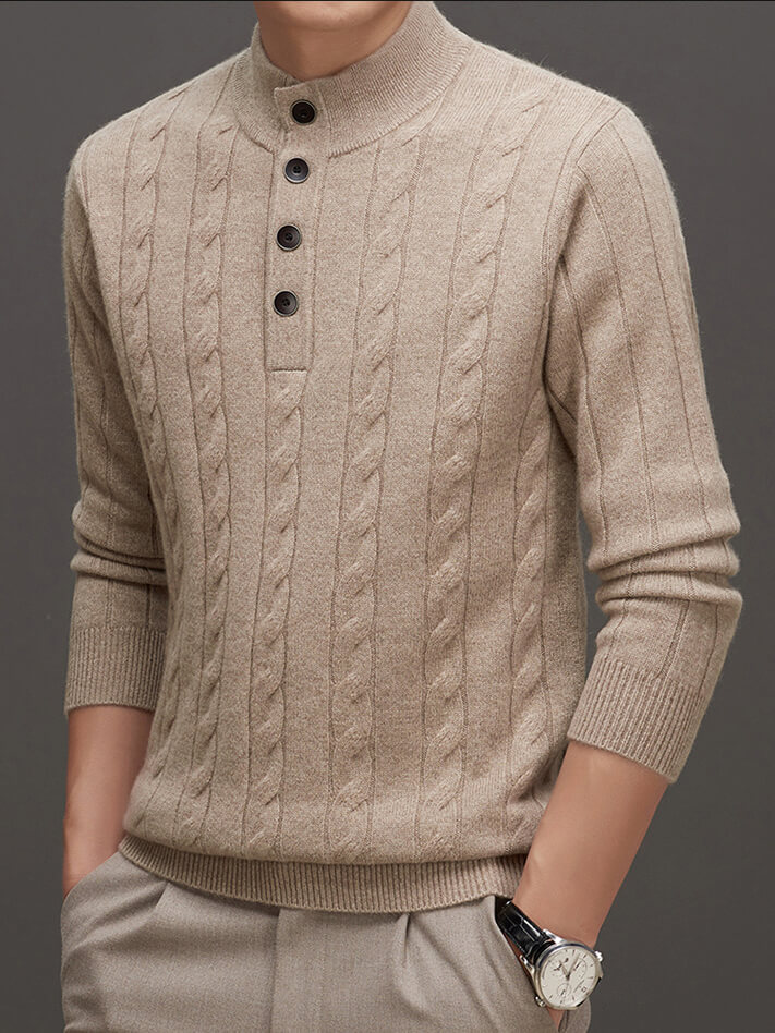 Men's Mock Neck Button-Up Cable Knit Cashmere Sweater