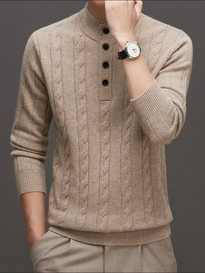 Men's Mock Neck Button-Up Cable Knit Cashmere Sweater