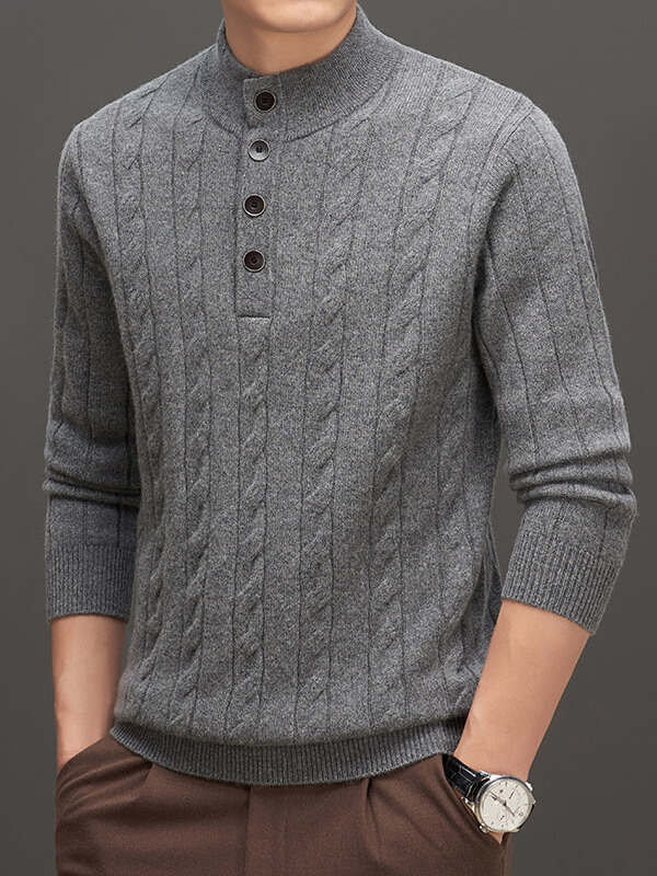 Men's Mock Neck Button-Up Cable Knit Cashmere Sweater