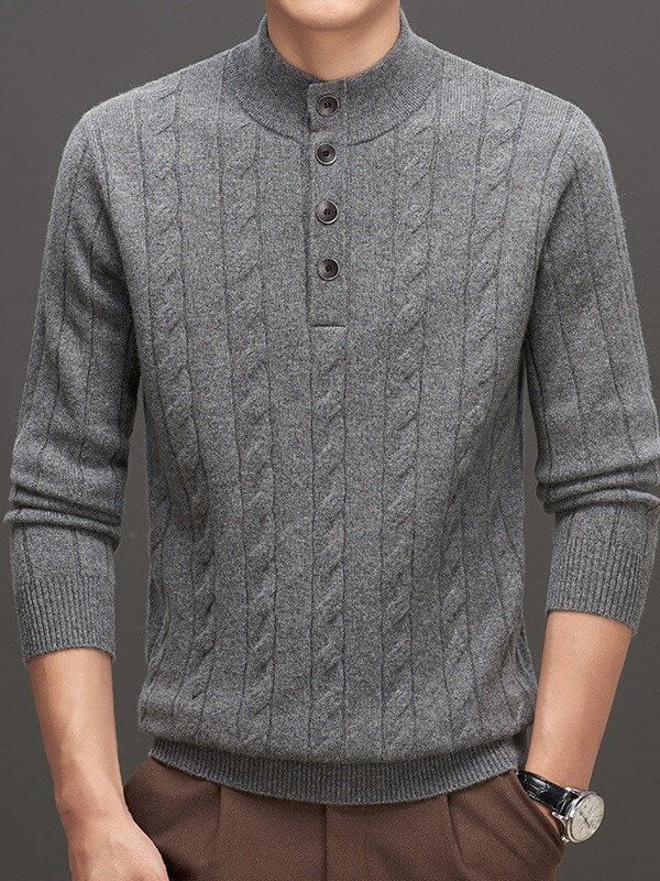 Men's Mock Neck Button-Up Cable Knit Cashmere Sweater