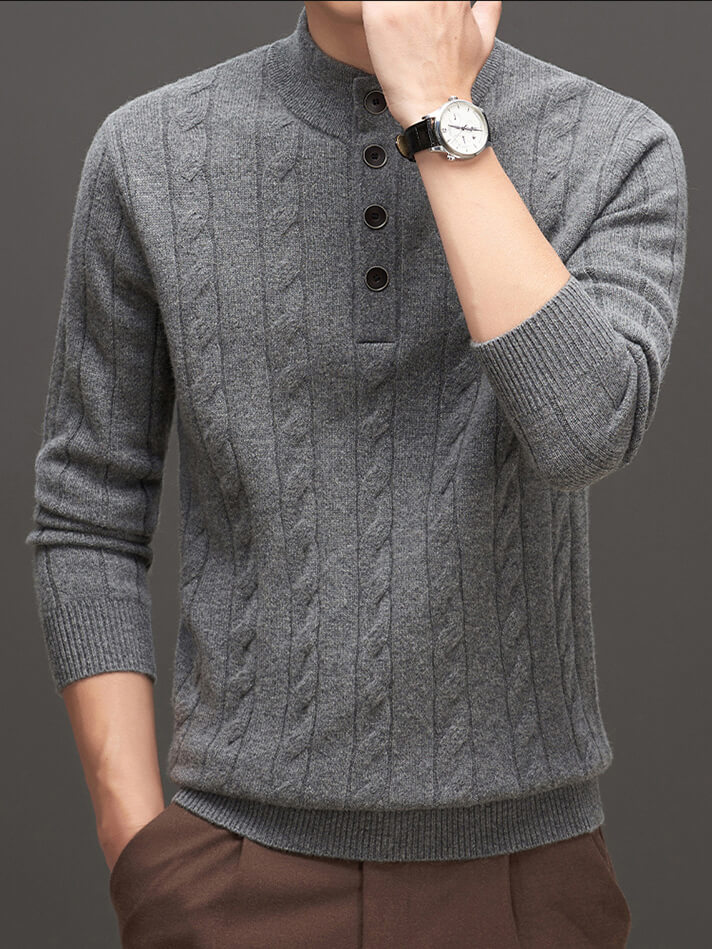 Men's Mock Neck Button-Up Cable Knit Cashmere Sweater