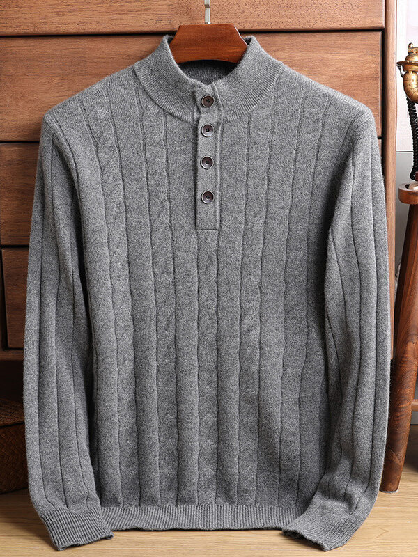 Men's Mock Neck Button-Up Cable Knit Cashmere Sweater