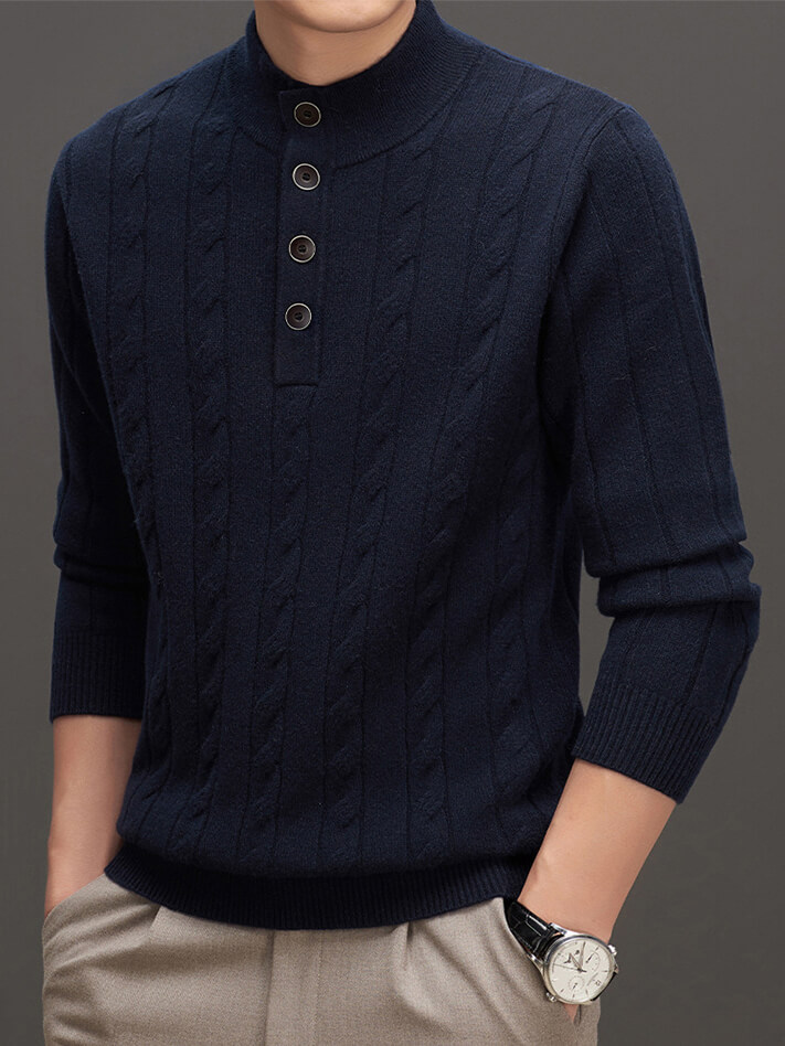 Men's Mock Neck Button-Up Cable Knit Cashmere Sweater