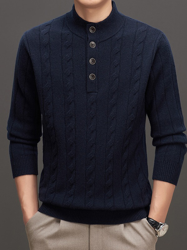 Men's Mock Neck Button-Up Cable Knit Cashmere Sweater