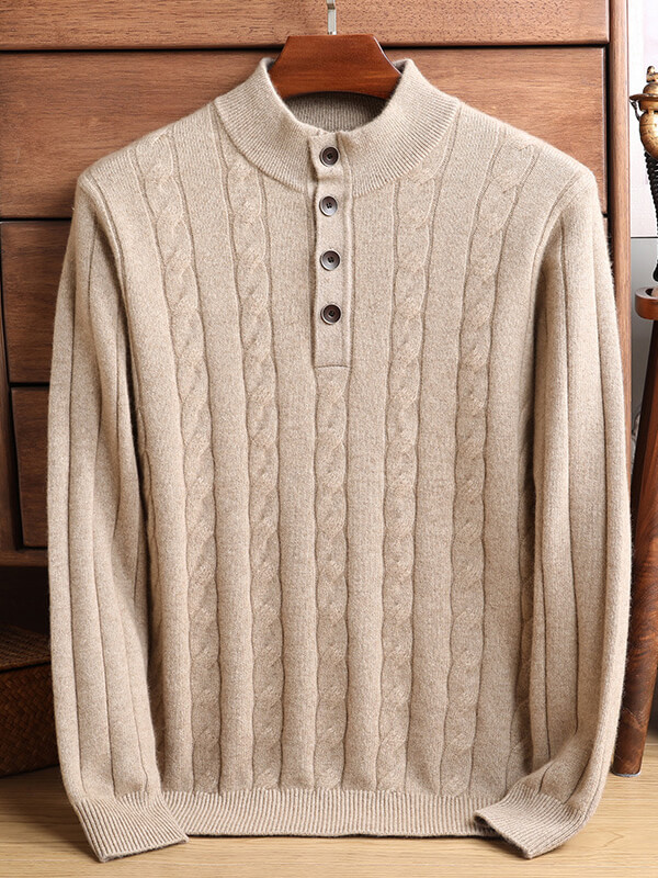 Men's Mock Neck Button-Up Cable Knit Cashmere Sweater