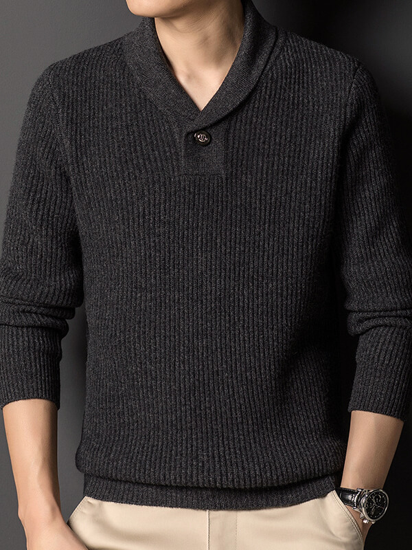 Men's Ribbed Cashmere Shawl Collar Sweater with Button