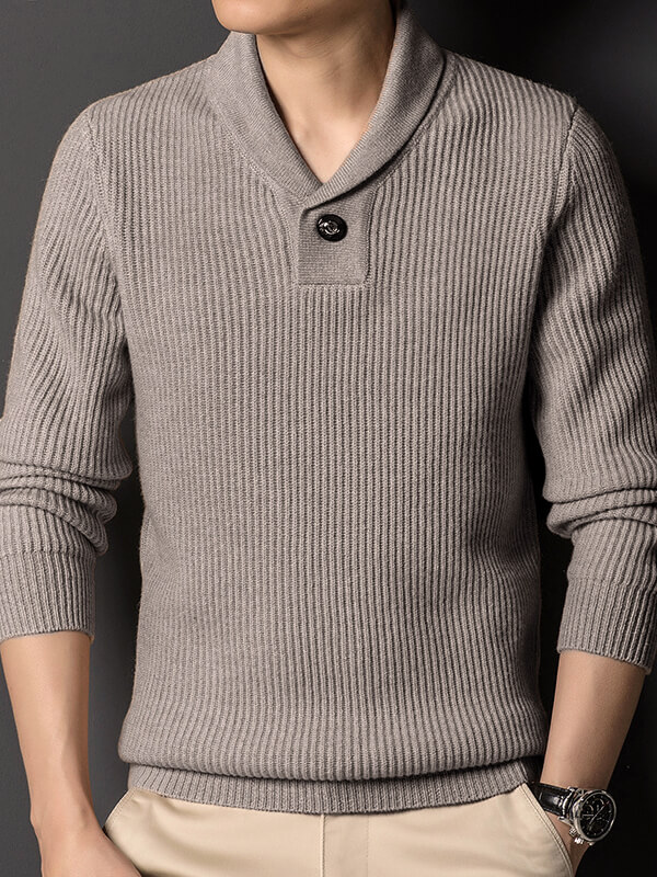 Men's Ribbed Cashmere Shawl Collar Sweater with Button