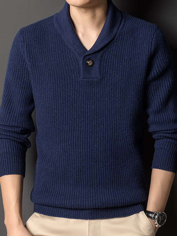 Men's Ribbed Cashmere Shawl Collar Sweater with Button