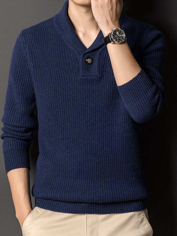 Men's Ribbed Cashmere Shawl Collar Sweater with Button