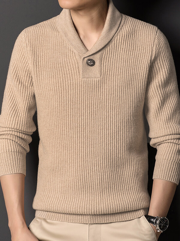 Men's Ribbed Cashmere Shawl Collar Sweater with Button