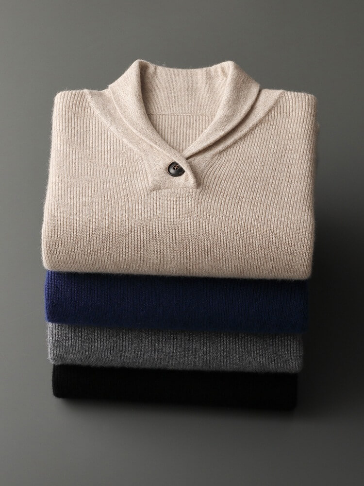 Men's Ribbed Cashmere Shawl Collar Sweater with Button