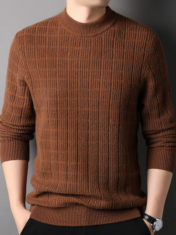 Men's Plaid Ribbed Mock Neck Cashmere Pullover Sweater