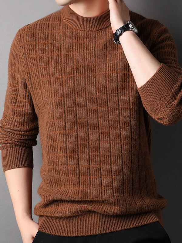 Men's Plaid Ribbed Mock Neck Cashmere Pullover Sweater