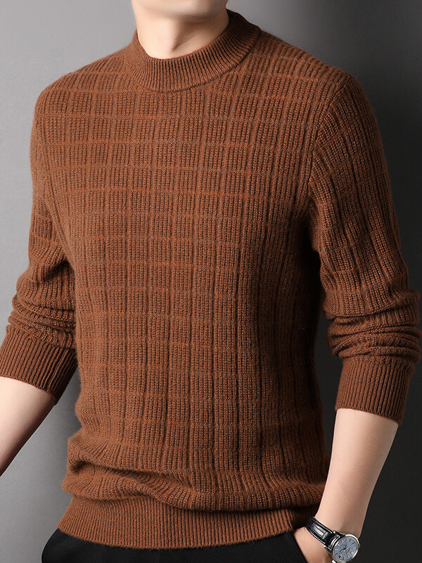 Men's Plaid Ribbed Mock Neck Cashmere Pullover Sweater