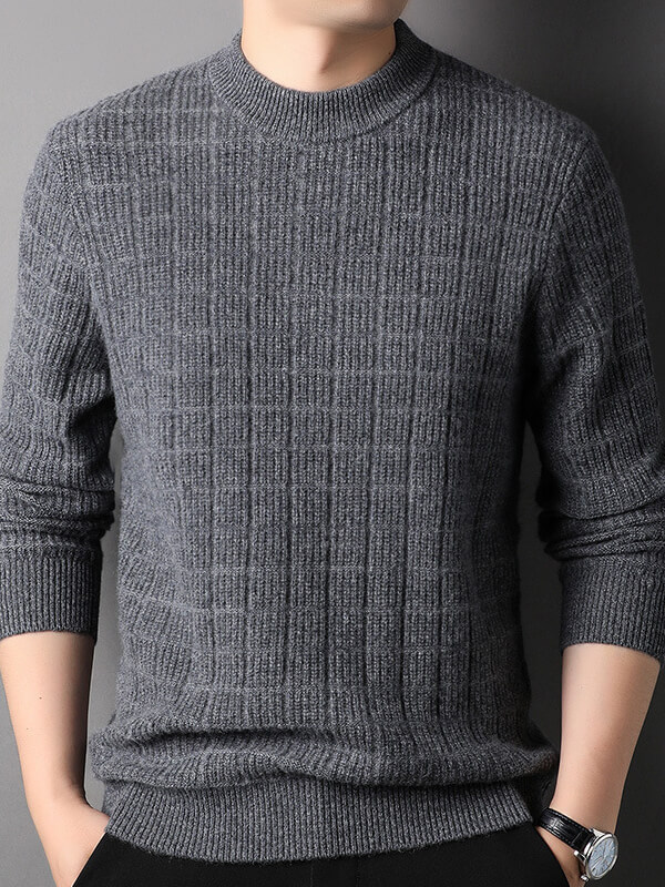 Men's Plaid Ribbed Mock Neck Cashmere Pullover Sweater