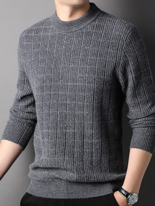 Men's Plaid Ribbed Mock Neck Cashmere Pullover Sweater