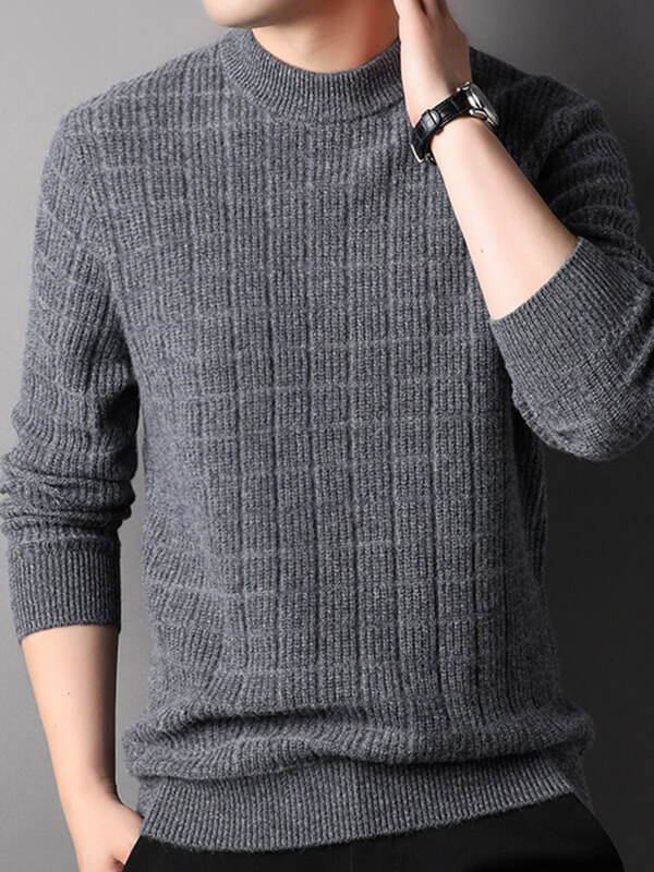 Men's Plaid Ribbed Mock Neck Cashmere Pullover Sweater