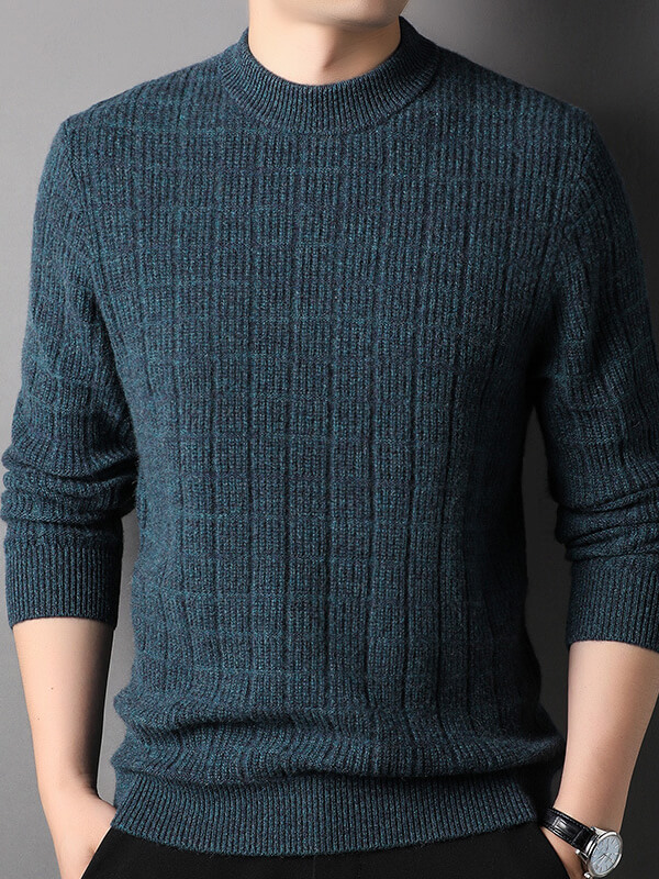 Men's Plaid Ribbed Mock Neck Cashmere Pullover Sweater