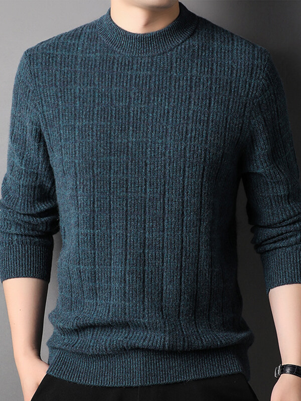 Men's Plaid Ribbed Mock Neck Cashmere Pullover Sweater