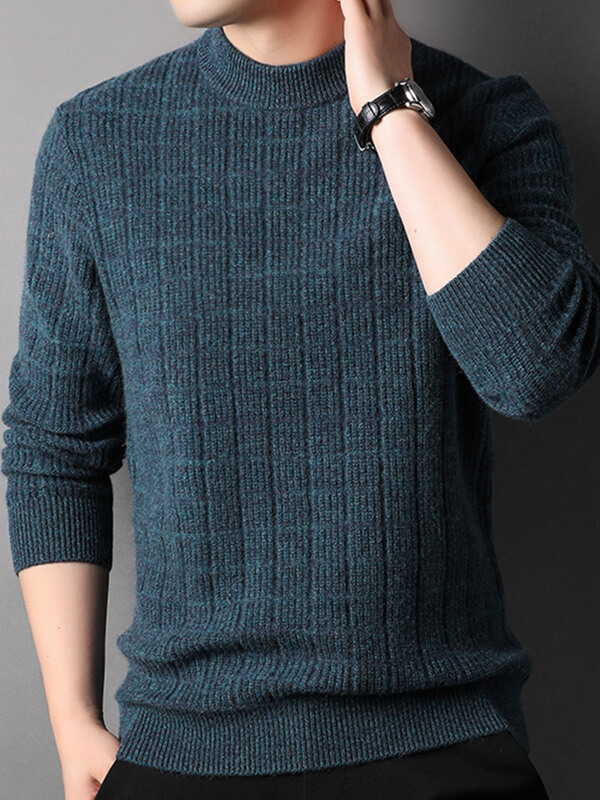 Men's Plaid Ribbed Mock Neck Cashmere Pullover Sweater