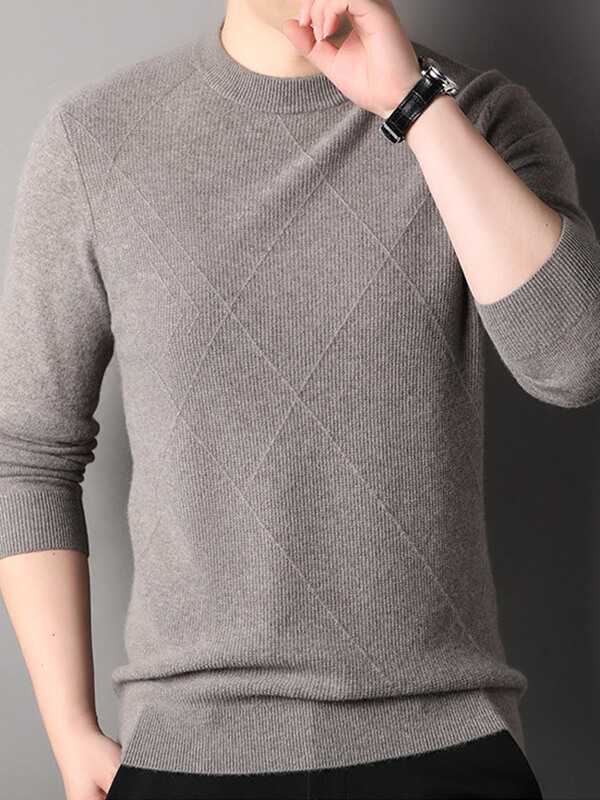 Men's Diamond Textured Pure Cashmere Crewneck Sweater