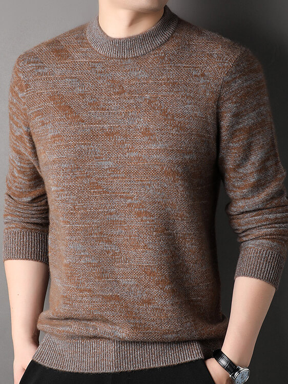 Men's Heathered Blue and Brown Cashmere Crewneck Sweater