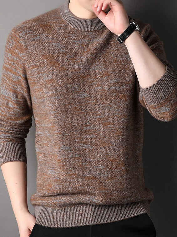 Men's Heathered Blue and Brown Cashmere Crewneck Sweater