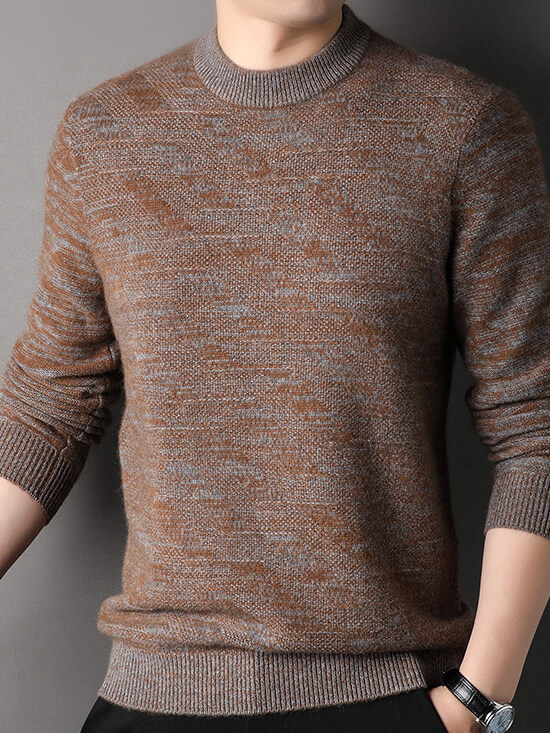 Men's Heathered Blue and Brown Cashmere Crewneck Sweater