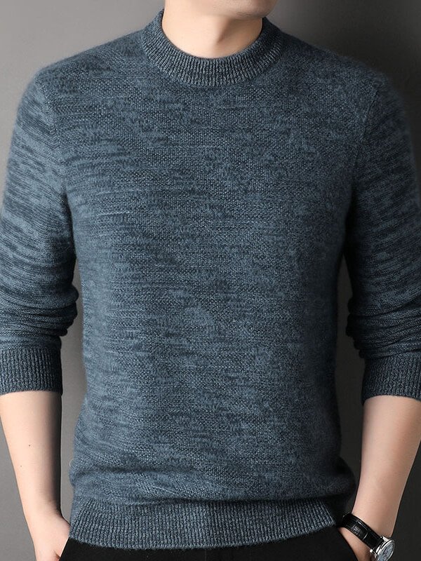 Men's Heathered Blue and Brown Cashmere Crewneck Sweater