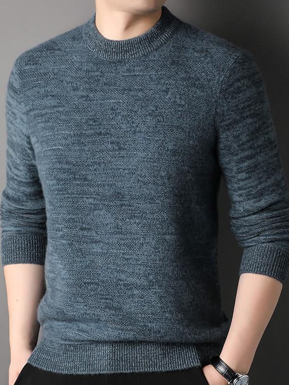 Men's Heathered Blue and Brown Cashmere Crewneck Sweater