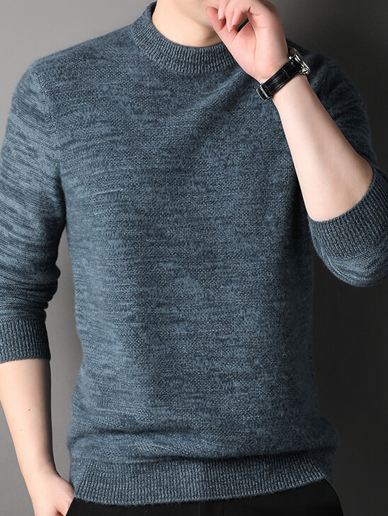 Men's Heathered Blue and Brown Cashmere Crewneck Sweater