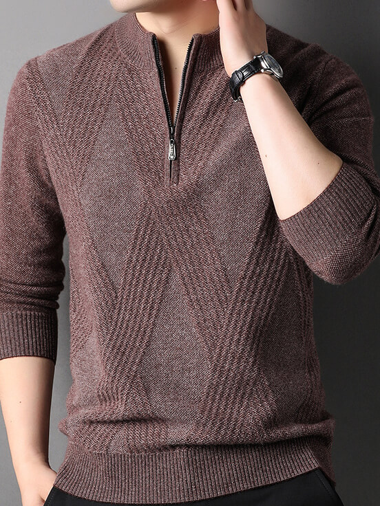 Men's Cashmere Quarter-Zip Sweater with Diamond Knit Pattern