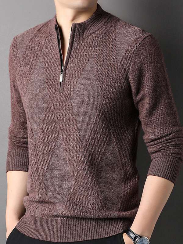 Men's Cashmere Quarter-Zip Sweater with Diamond Knit Pattern