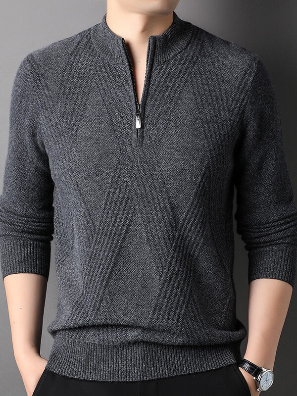 Men's Cashmere Quarter-Zip Sweater with Diamond Knit Pattern