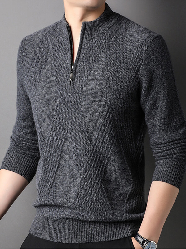 Men's Cashmere Quarter-Zip Sweater with Diamond Knit Pattern