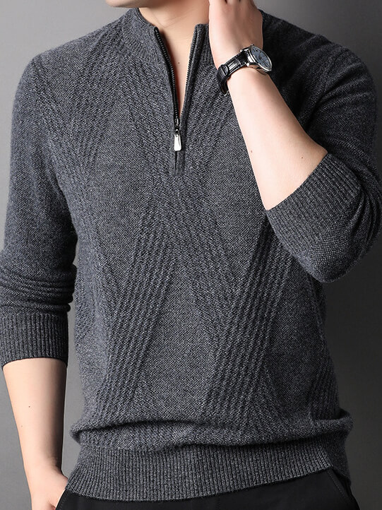 Men's Cashmere Quarter-Zip Sweater with Diamond Knit Pattern